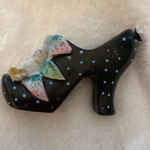 Vintage black Polka Dot Ceramic High Heel Shoe
With Applied Flowers & Leaves